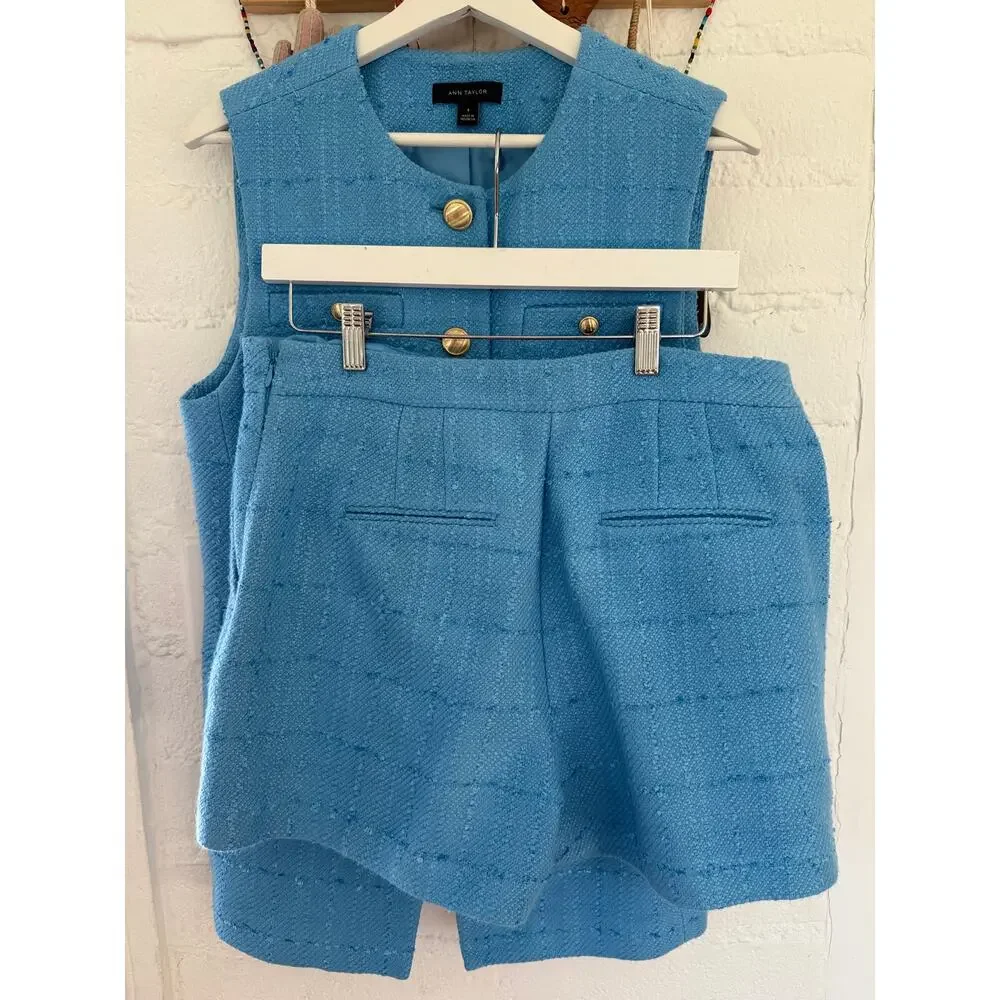 Ann Taylor Sky Blue Tweed Vest Shorts Set Gold Button Preppy Coastal 8 10 - Picture 10 of 12
